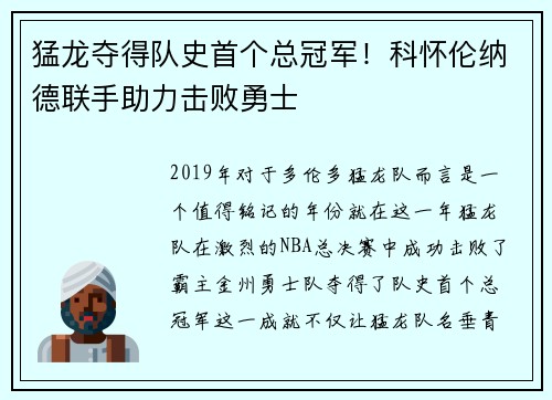 猛龙夺得队史首个总冠军！科怀伦纳德联手助力击败勇士