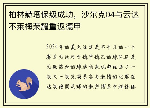 柏林赫塔保级成功，沙尔克04与云达不莱梅荣耀重返德甲